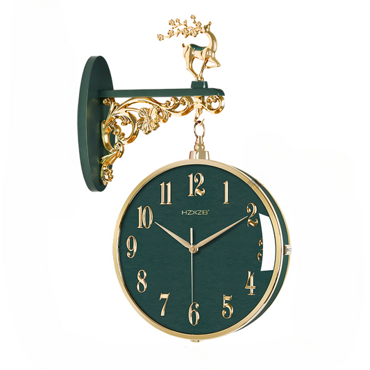 Green Double-Sided Leather Wall Clock with Golden Deer Accent – Luxury Silent Quartz Hanging Clock for Living Room and Entryway