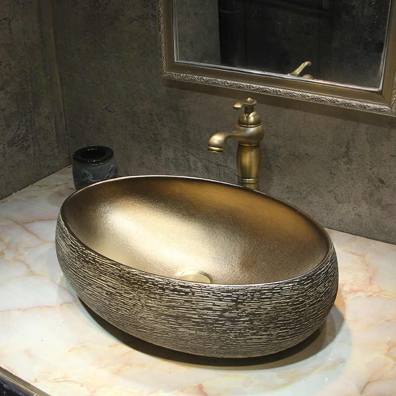 Luxury Gold Oval Ceramic Wash Basin – Modern Art Hotel Countertop Vessel Sink, Large Bathroom Vanity Bowl
