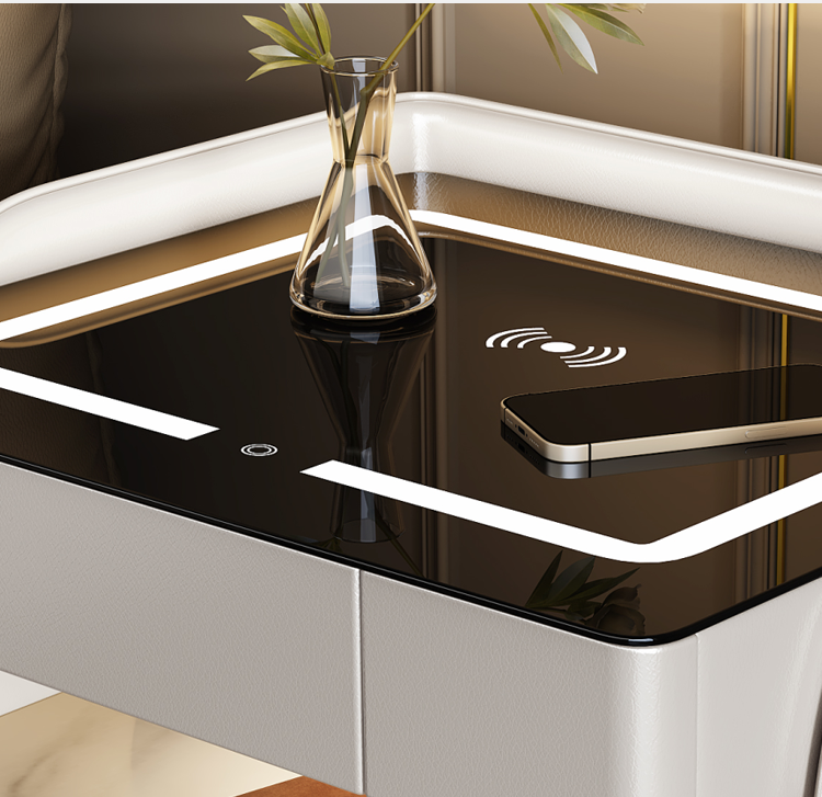 Italian Ultra-Modern Smart Nightstand – Wireless Charging Station with LED Accent Lighting, Bluetooth Speaker & Multi-Level Storage
