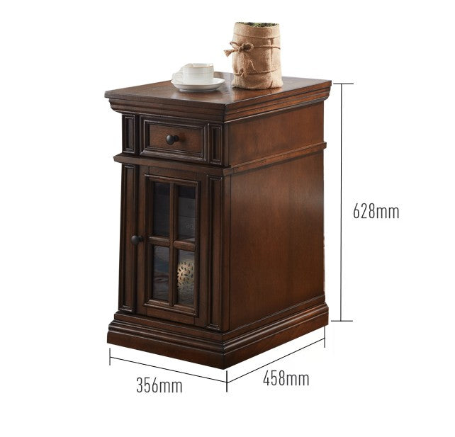American Vintage Solid Wood Parquet Side Table, Classic Chevron Pattern End Table with Glass Door Storage, Multi-Purpose Nightstand Coffee Table