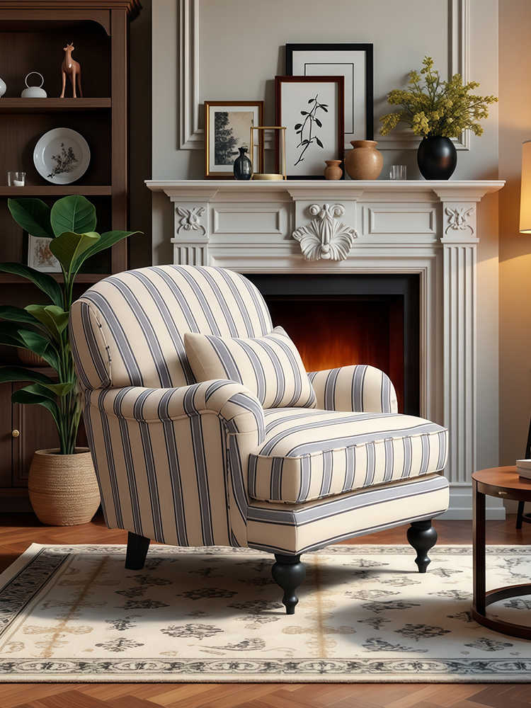 Vintage Blue-White Striped Armchair – Retro Single Sofa for Living Room, Study, Balcony, Bedroom, and Homestay