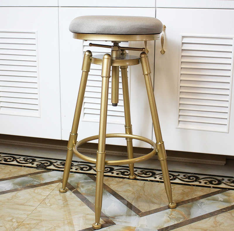 Modern Gold Adjustable Bar Stool – Industrial Swivel High Stool with Linen Soft Seat, No Backrest, Iron Bar Height Chair for Kitchen, Home Bar, Counter