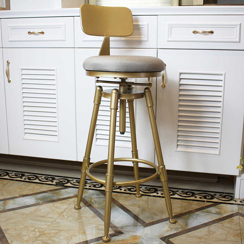 Modern Gold Adjustable Bar Stool with Backrest – Industrial Swivel High Chair, Linen Soft Seat, Iron Bar Height Stool for Kitchen, Home Bar
