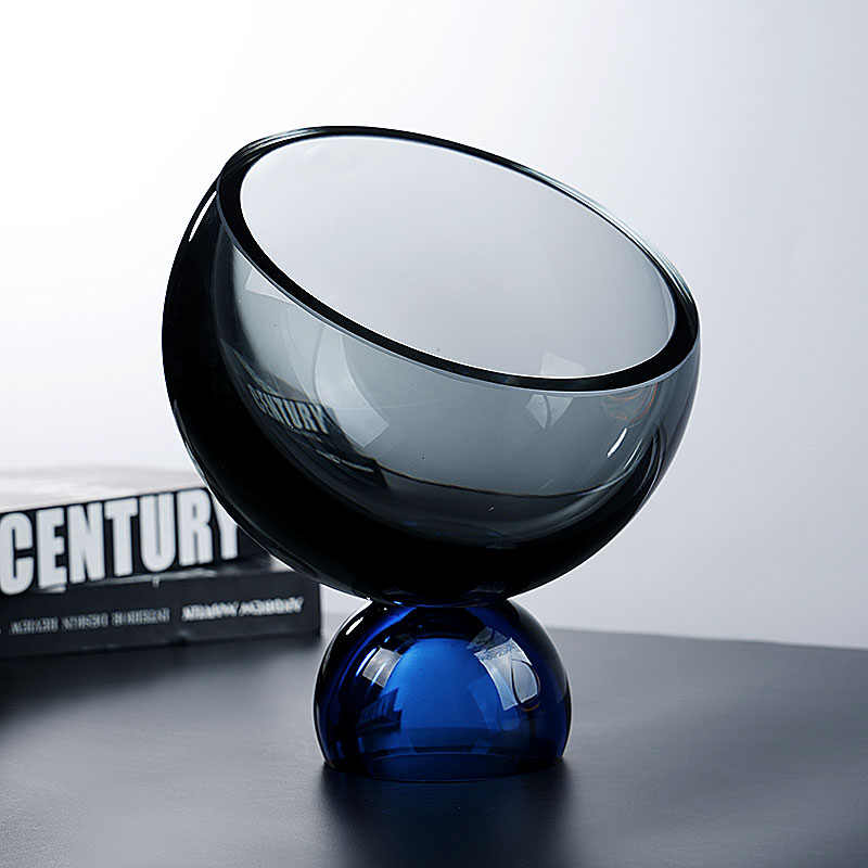 Creative Tilted Crystal Glass Fruit Bowl with Blue Sphere Base, Modern Angled Serving Dish for Candy Snacks Living Room Club, Luxury Contemporary Décor