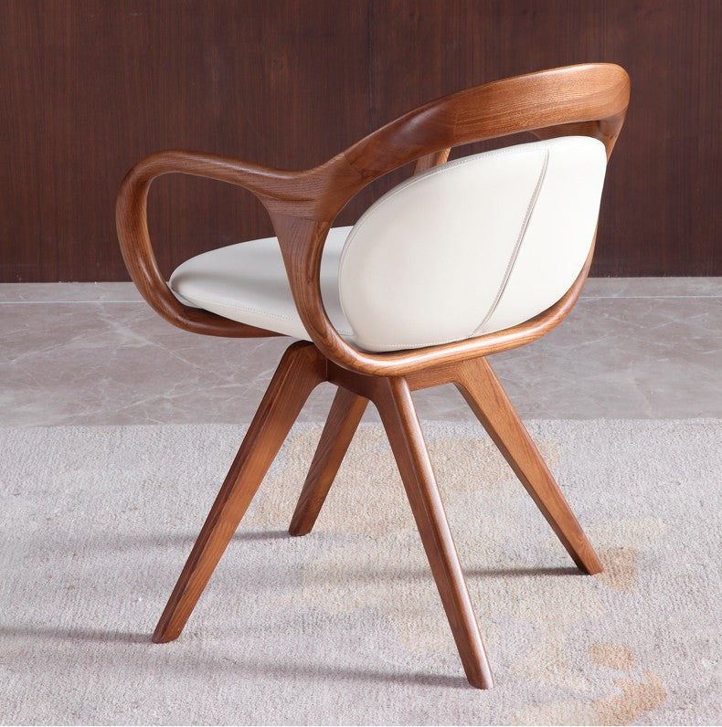 Modern Walnut Swivel Lounge Chair, Premium Solid Wood & Genuine Leather Nordic Reading Chair