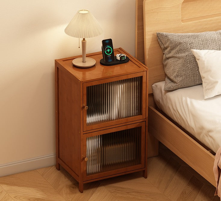 Modern Fluted Glass Side Cabinet – Living Room & Bedroom Storage Table, Double-Layer Organizer, Small 2-Door Nightstand