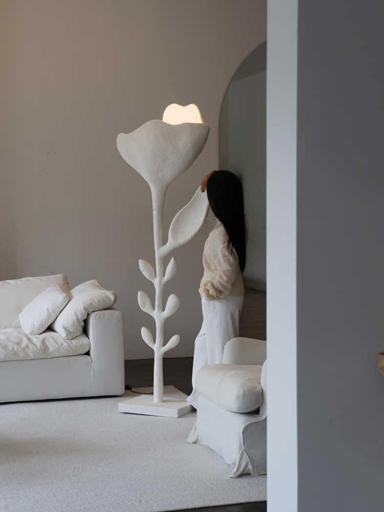 Floral Art Sculpture Floor Lamp, White Distressed Fiberglass Flower Design for Modern Living Room, Studio, or Hotel Decor