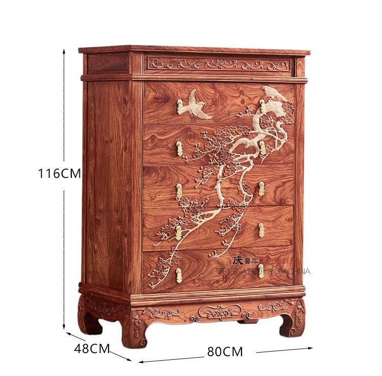 Traditional Hedgehog Rosewood 5-Drawer Chest with Hand-Carved Plum Blossom Motif, Authentic Mahogany Storage Cabinet
