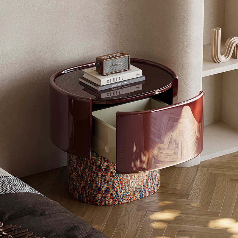 High Gloss Coral Dopamine Nightstand, Retro Modern Bedside Table with Drawer for Luxury Bedroom Storage