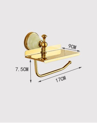 Luxury Gold Brass Toilet Paper Holder with Jade Accents & Phone Shelf, European Style Wall Mount with No-Drill Installation
