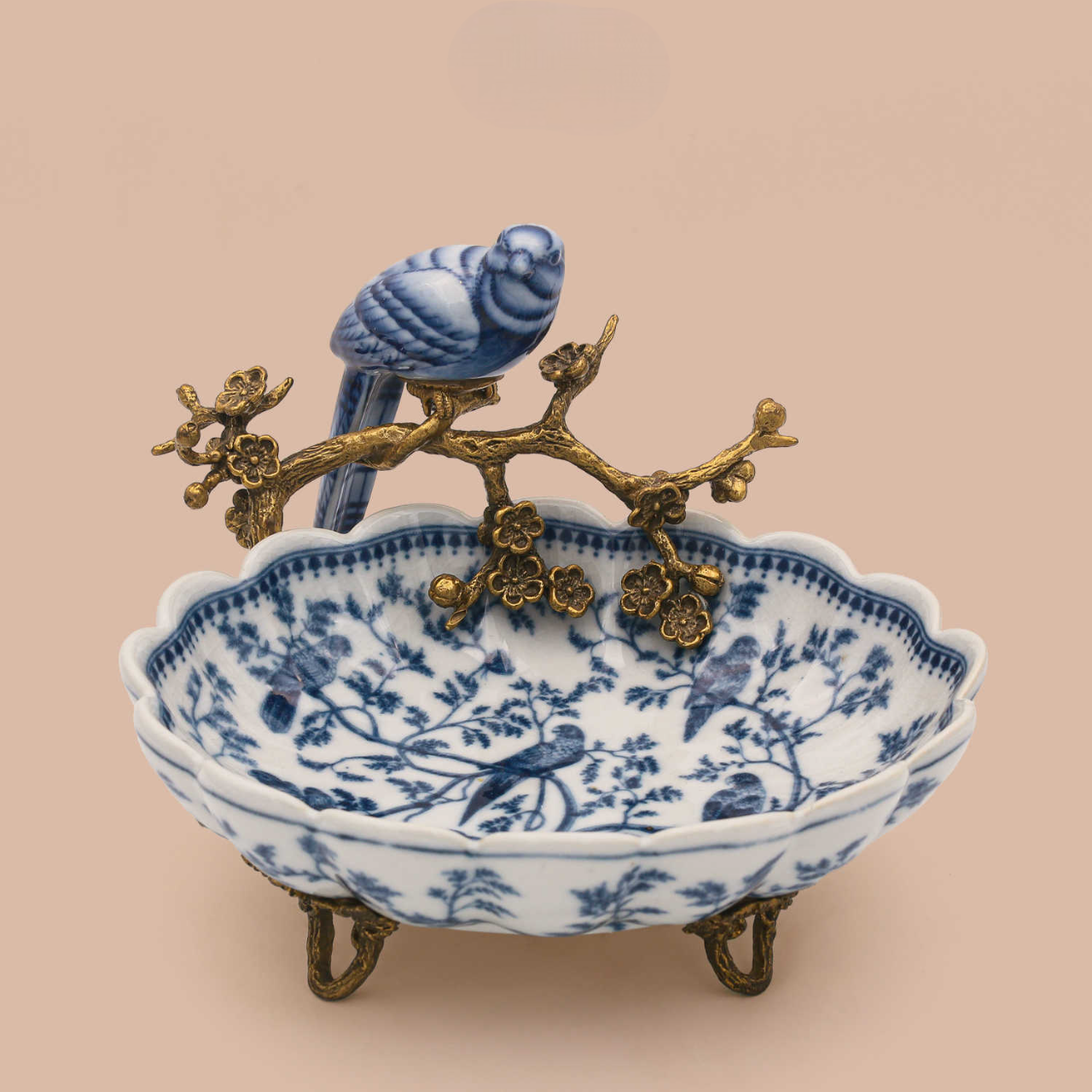 Oriental Blue-and-White Porcelain Bird Dish, Hand-Painted Ceramic & Brass Plum Blossom Accent Decorative Bowl