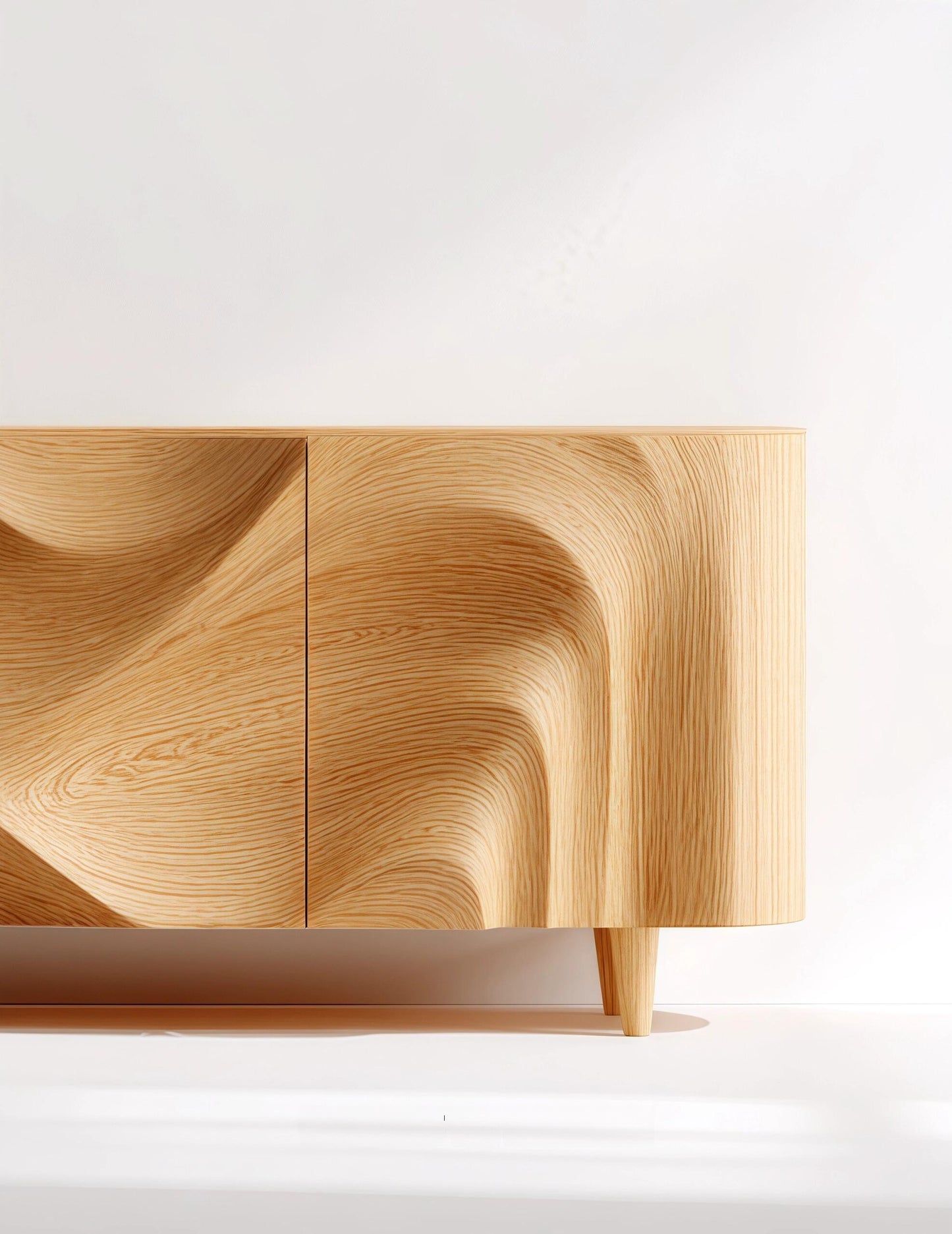 Retro Sculpted Wood Sideboard – Designer Solid Wood Flowing Wave Buffet, Modern Artistic Storage Cabinet