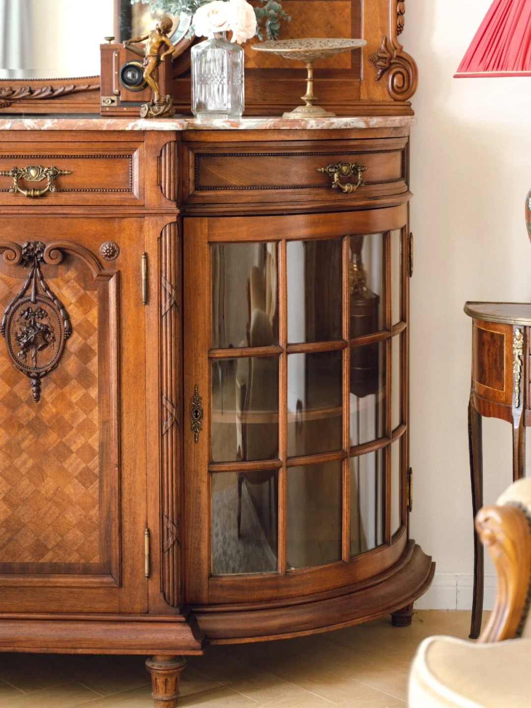Classical Floral Antique Sideboard Cabinet, Marble Top Console with Oval Mirror & Custom Carved Details