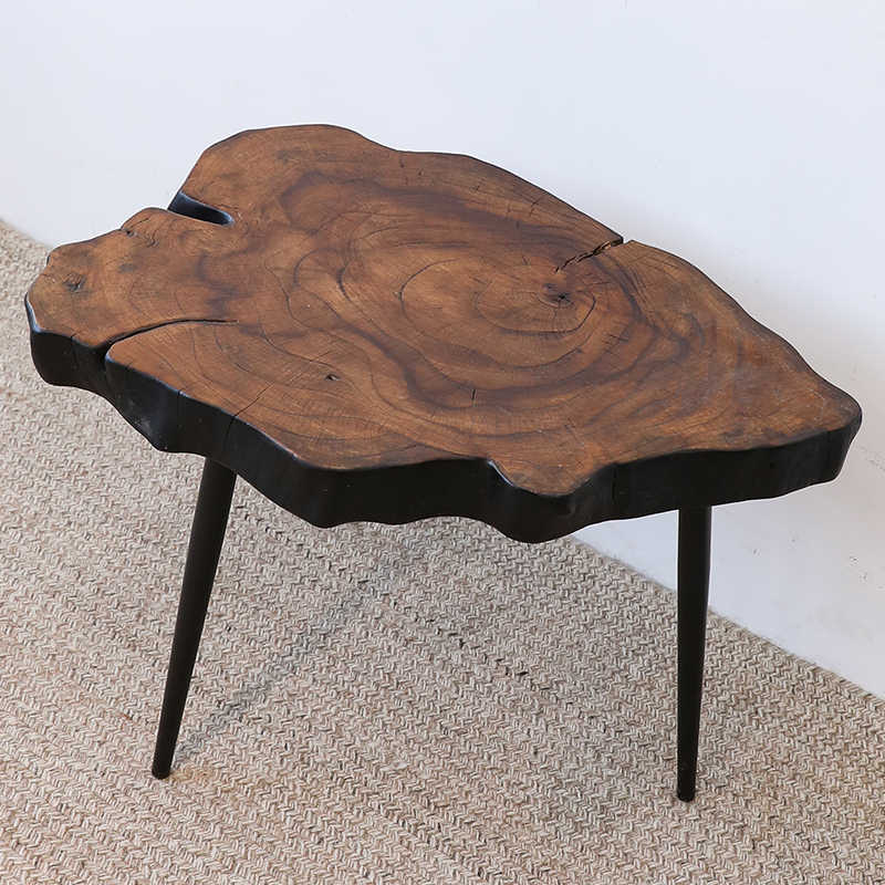 Contemporary Live Edge Wood Coffee Table – Wabi-Sabi Natural Root Wood Table with Mid-Century Legs, Unique Organic Form Furniture