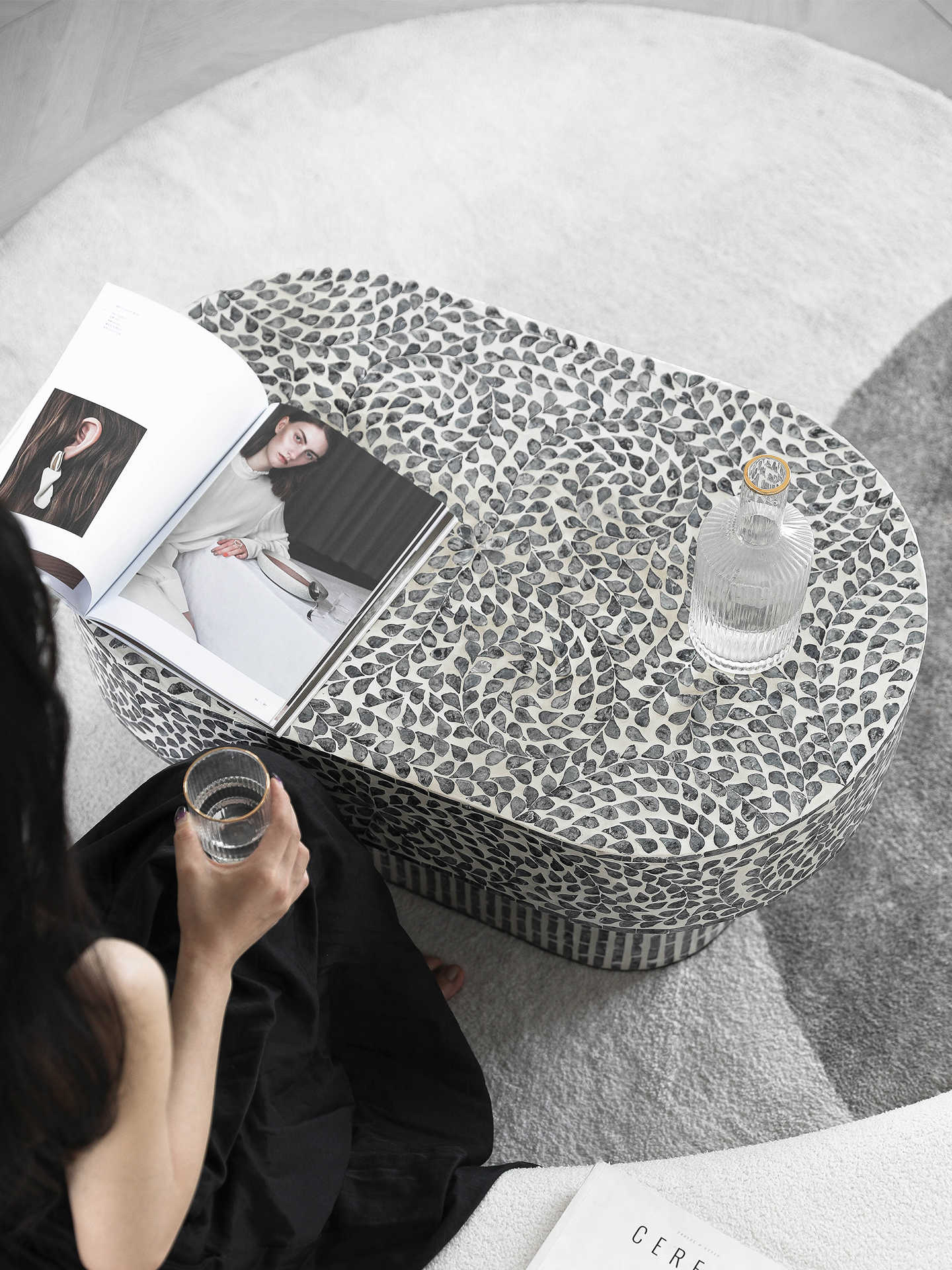 Vintage Gray Oval Coffee Table, Designer Statement Living Room Center Table for Sofa, Modern Shell Inlay Accent