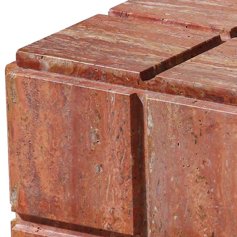 Nordic Luxury Red Travertine Side Table – Natural Stone Cube End Table, Designer Square Accent Table for Living Room, Bedroom, Modern Stone Furniture