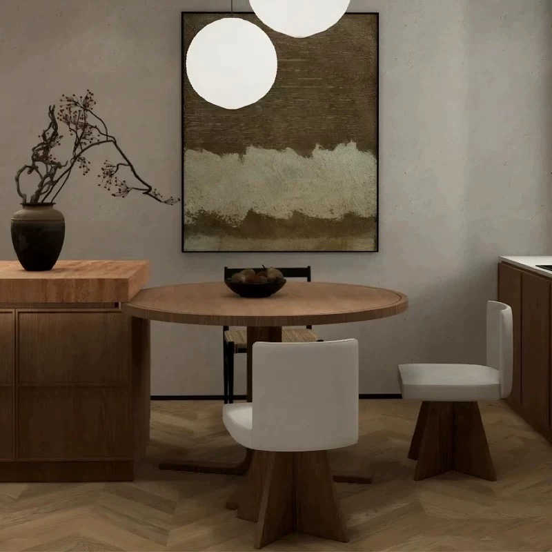 Nordic Minimalist Dining Chair with Star-Shaped Wood Base, Cream Upholstered Accent Chair with Geometric Design, Wabi-Sabi Style Desk Chair