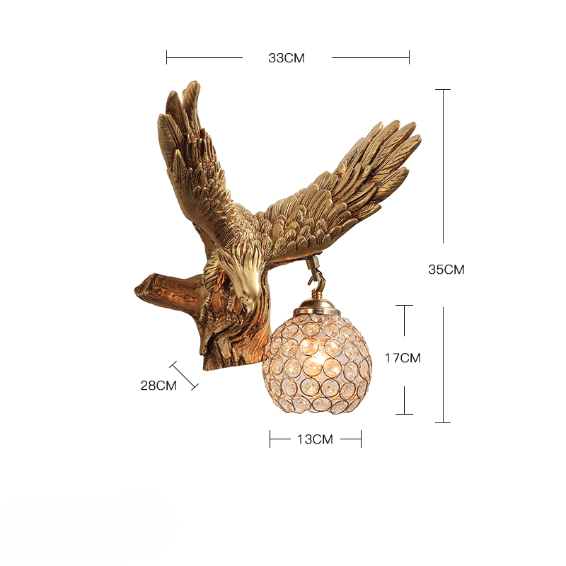 Flying Eagle Wall Sconce – Gold Animal Decorative Lamp with Crystal Globe Shade for Living Room, Office, Staircase, Bar, or Feature Wall