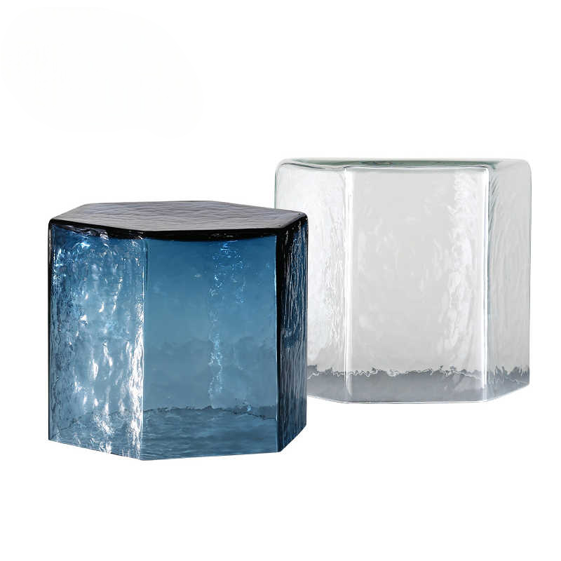 Modern Resin Gradient Hexagon Side Table, Artistic Blue Transparent Pedestal Accent, Fully Assembled