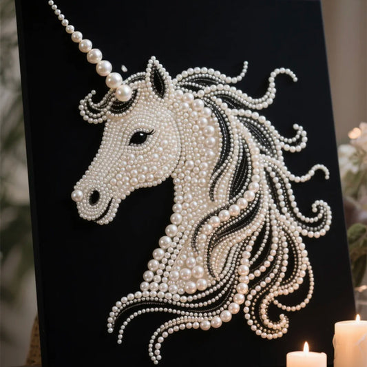 Luxury Pearl Unicorn Head Wall Art – Modern Minimalist Living Room, Bedroom, Corridor Decorative Painting, Handmade Matte Micro-Spray with Black Aluminum Frame