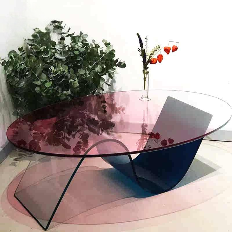 Designer S-Shaped Gradient Acrylic Coffee Table, Pink & Blue Modern Artistic Centerpiece for Living Room, Luxury Transparent Creative Tea Table