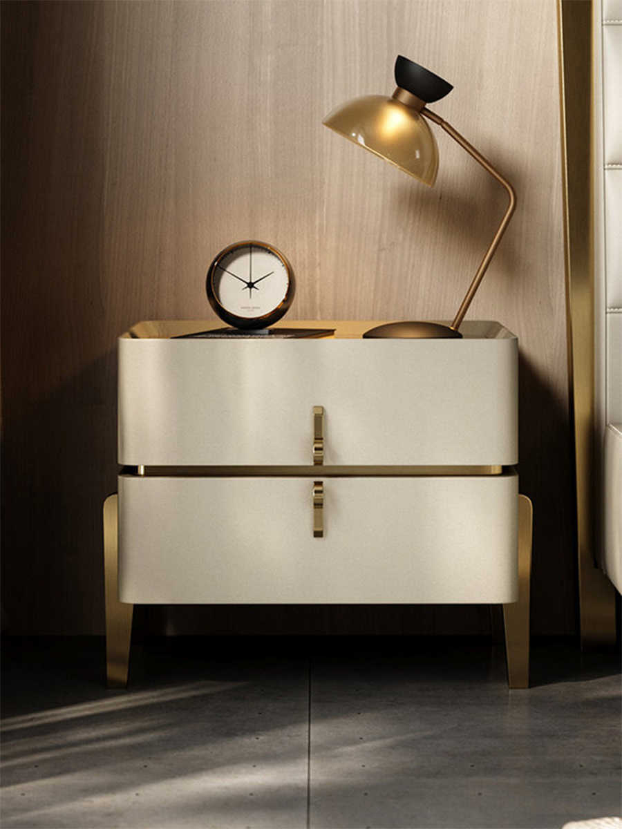 Modern Light-Luxury Sintered Stone Nightstand – High-End Solid Wood Bedside Storage Cabinet, Minimalist Double-Drawer