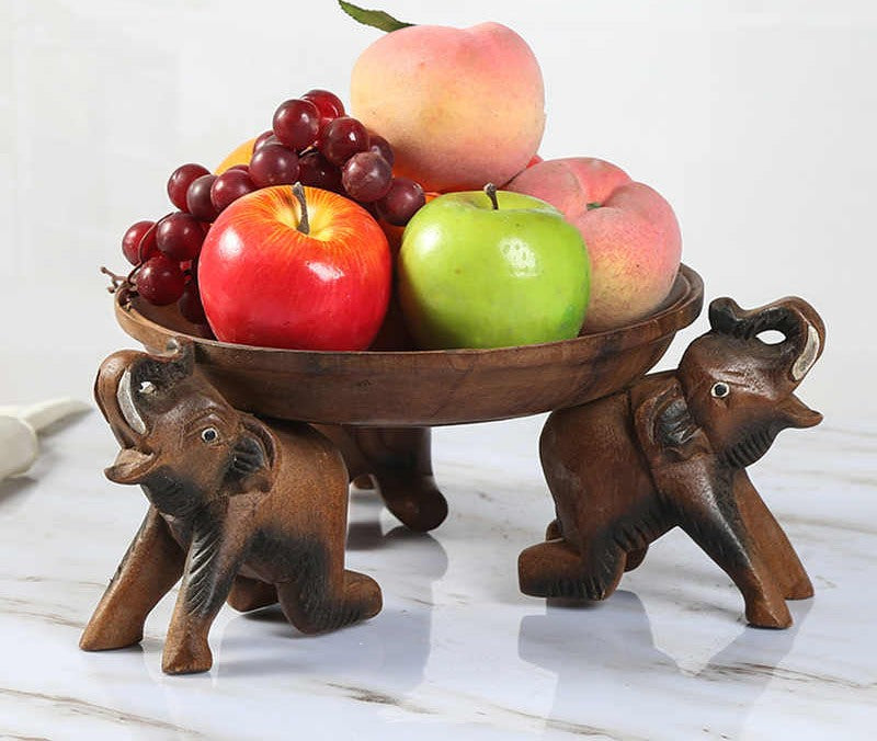 Thai Hand-Carved Three Elephant Fruit Bowl, Solid Wood Luxury Serving Tray for New Year & Home Entertaining