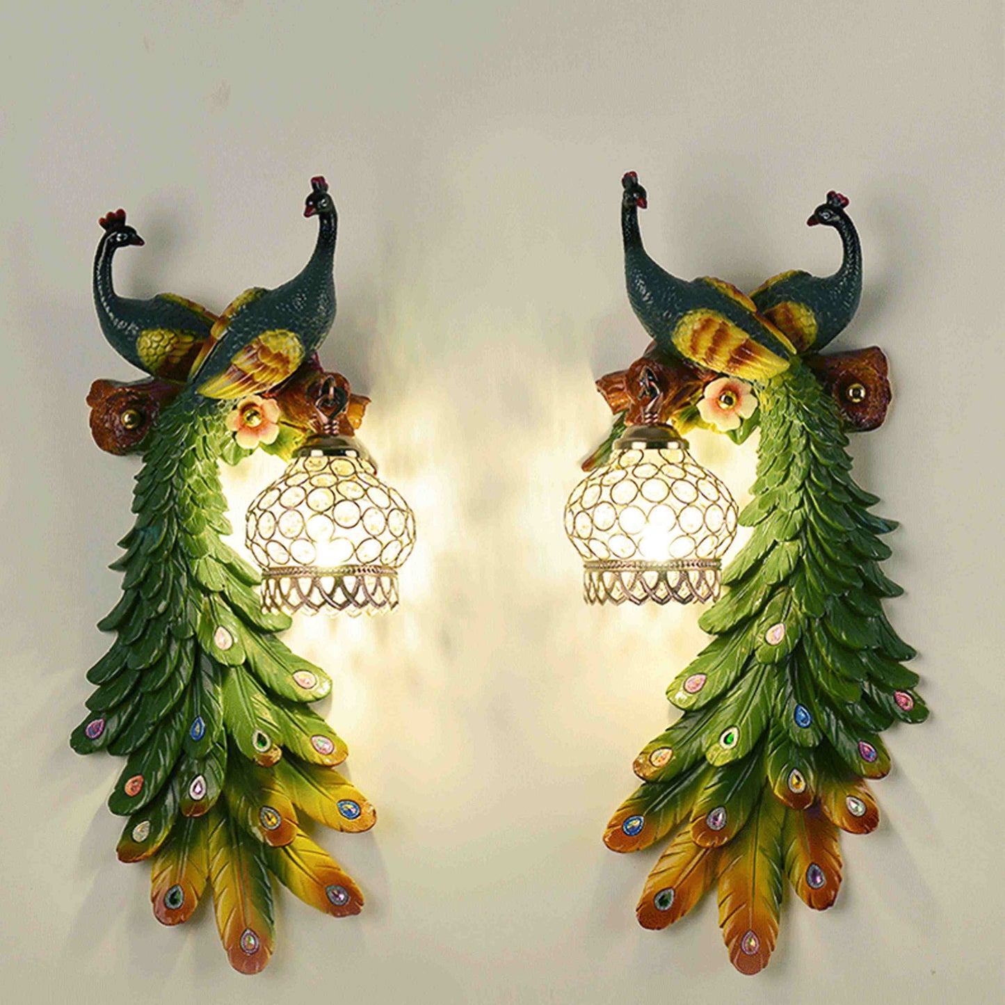 Peacock Resin Wall Lamp Set of 2, Creative Double-Peacock Colorful Sconce for Living Room, Bedroom, Study, Bedside, Accent Background Wall