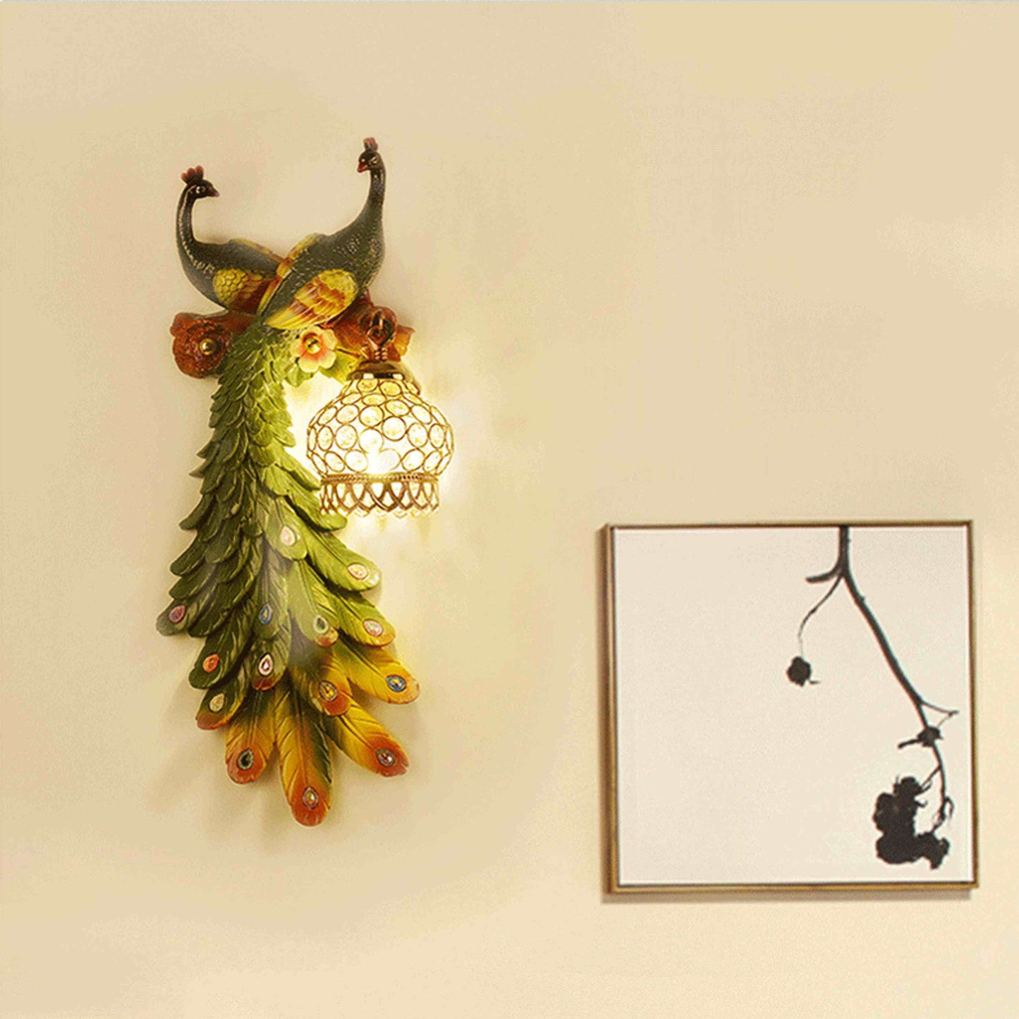 Peacock Resin Wall Lamp Set of 2, Creative Double-Peacock Colorful Sconce for Living Room, Bedroom, Study, Bedside, Accent Background Wall