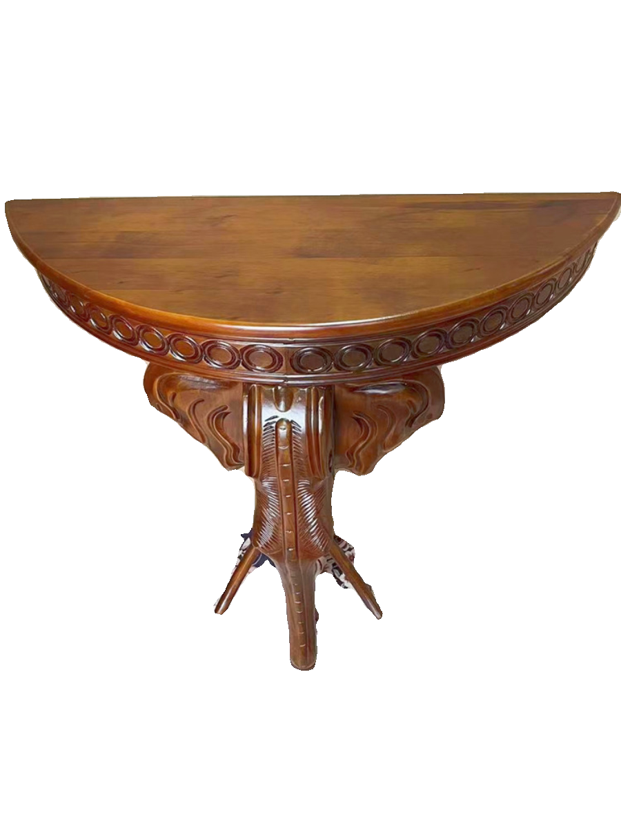 American Style Half-Moon Console Table with Hand-Carved Elephant Base, European Solid Wood Entryway Table with Circular Molding