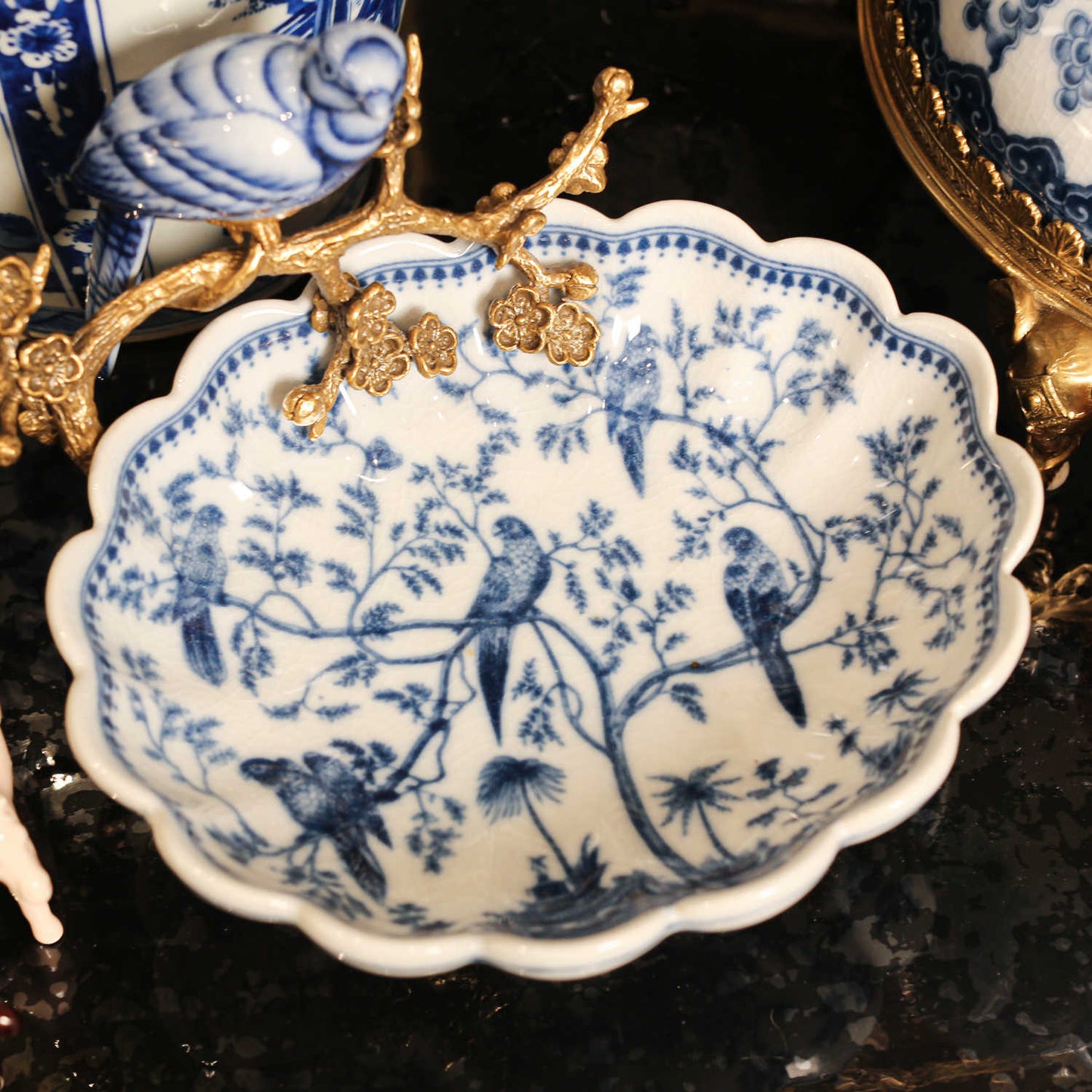 Oriental Blue-and-White Porcelain Bird Dish, Hand-Painted Ceramic & Brass Plum Blossom Accent Decorative Bowl