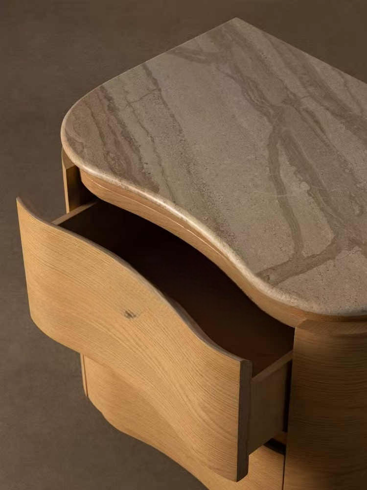 Solid Ash Wood & Marble Nightstand – Designer Curved Bedside Storage Cabinet, Ready Assembled