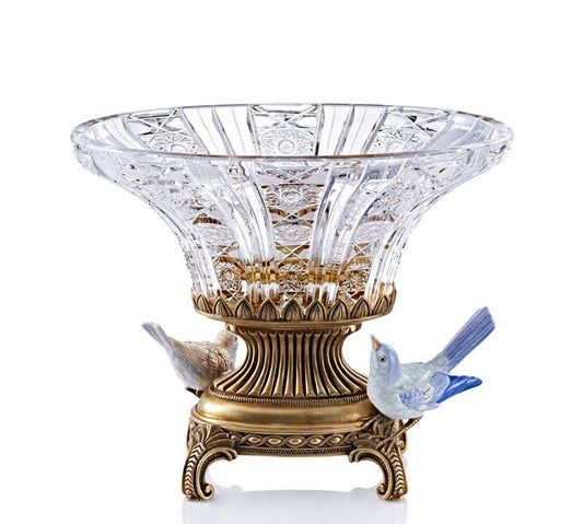 Luxury French Brass Ceramic Bird Czech Crystal Pedestal Fruit Bowl, Ornate Wide-Mouth Decorative Centerpiece with Bird Figurine
