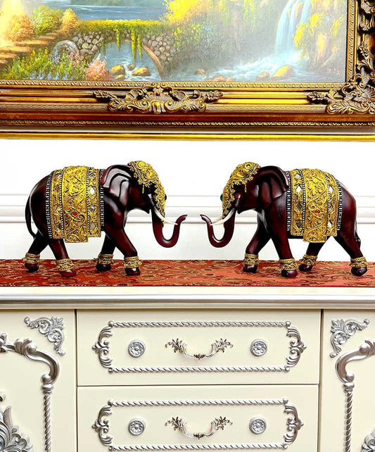 Luxury Handcrafted Elephant Pair Figurines, Villa & Entryway Statement Decor, Chestnut Brown with Ornate Golden Details