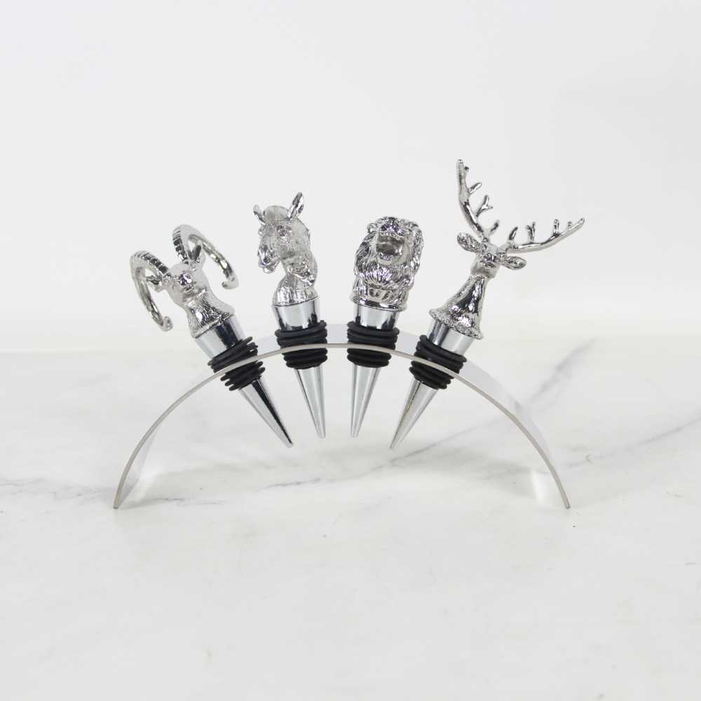 Luxury Animal-Themed Wine Stopper Collection with Display Stand – Chrome Figurine Bar Accessories for Hotel & Home Entertainment
