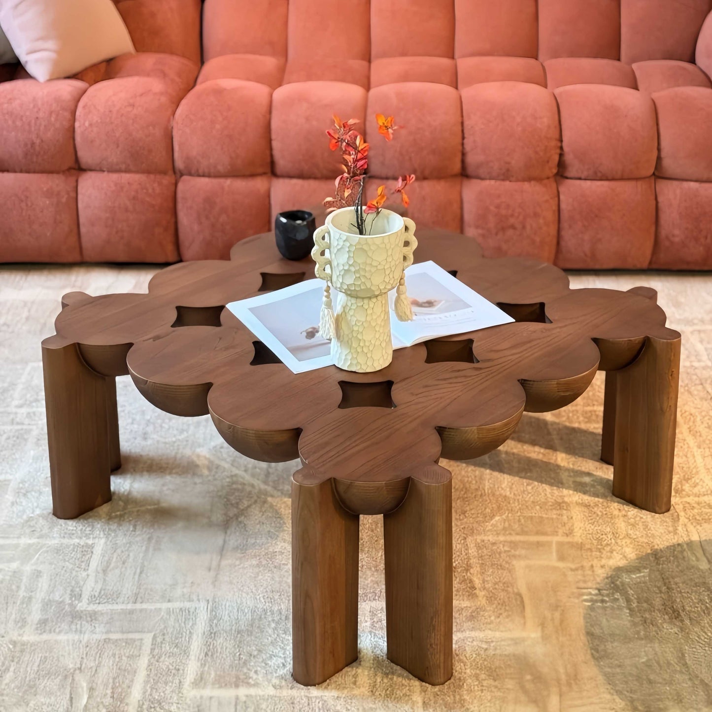 Minimalist Solid Wood Designer Tea Table, Sculptural Carved Coffee Table, Luxury Modern Accent Piece for Living Room