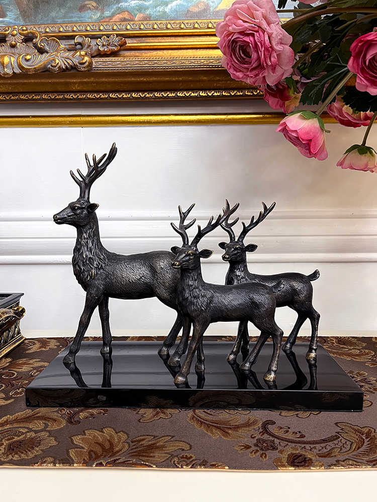 Luxury Bronze Deer Figurine with Marble Base – Decorative Sculpture for Living Room, Villa Entryway, Office Bookshelf