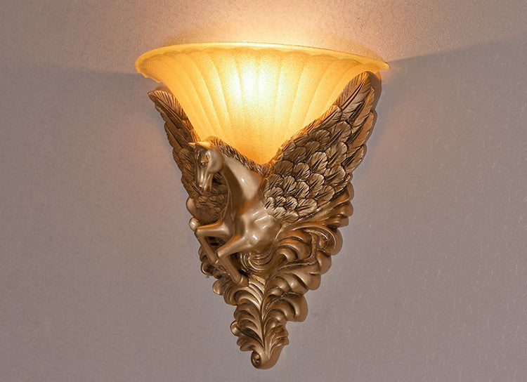 Gold Pegasus Wall Lamp Pair, Winged Horse Resin & Glass Sconce for Living Room, Bedroom, Hallway Décor, (Left/Right Pair)