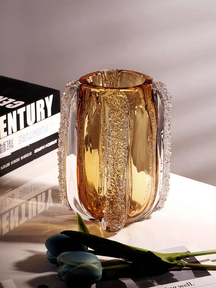 Luxury Modern Crystal Glass Vase, Amber Gold Textured Flower Vase with Chain Pattern for Living Room Hotel Entryway, Contemporary Water Arrangement Decor