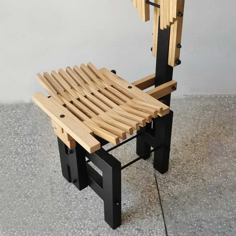 Postmodern Creative Block Chair, Sculptural Architectural Wood & Metal Accent Armchair – Designer Minimal Sample Room Statement Seat