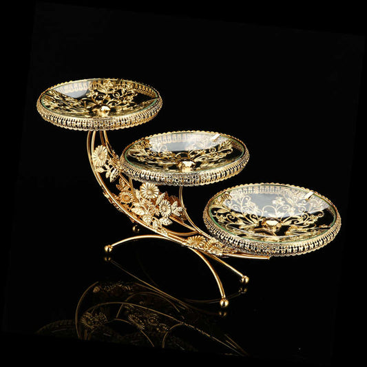 Luxury Three-Tier Fruit Plate, Decorative High-End Snack Stand, Gold-Plated Floral Glass Dessert Tray for Living Room, KTV, Salon