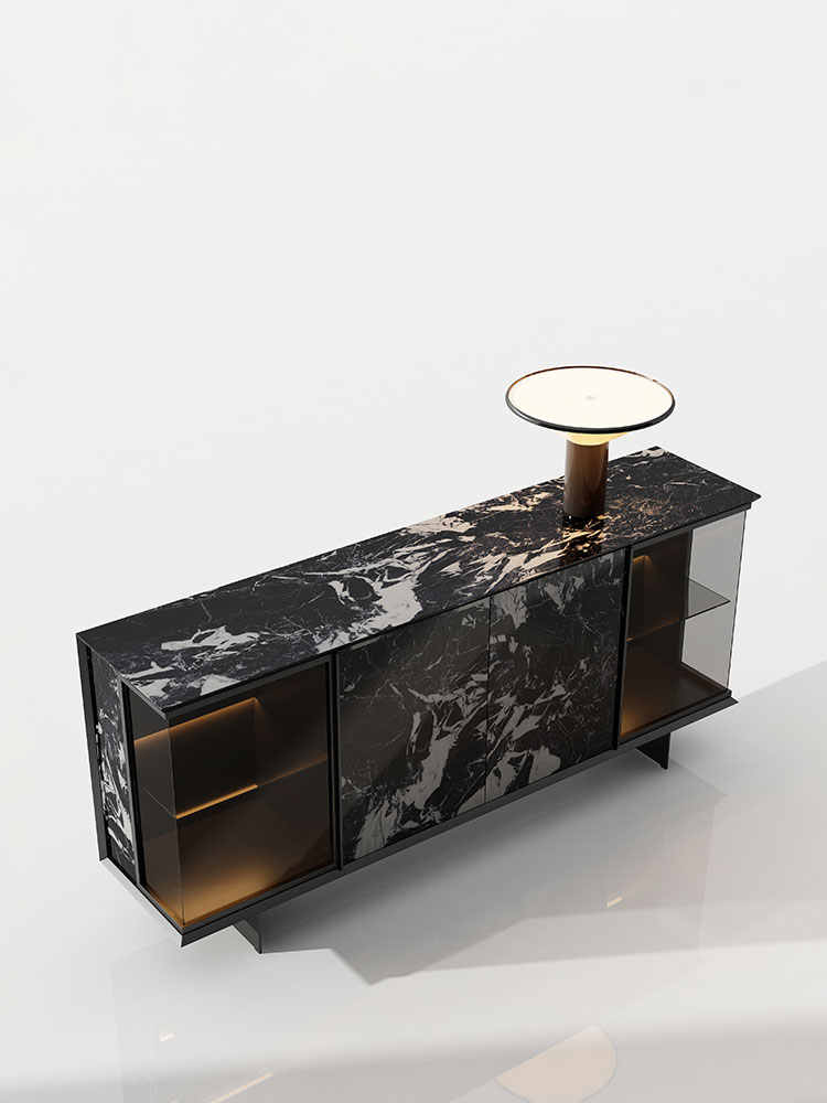 Minimalist Luxury Glass Display Sideboard – Modern Marble Accent Storage Buffet for Villa, Entryway, Living Room