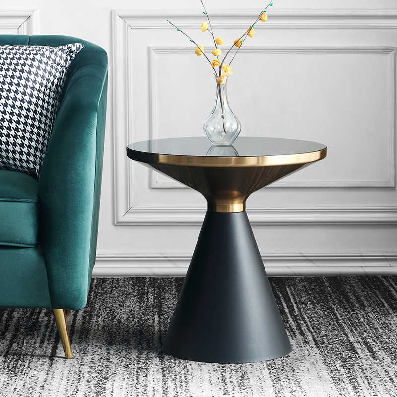 Nordic Bell-Shaped Glass Side Table, Luxury Tempered Glass Round Coffee Table with Gold Accent Band, Modern Minimalist Living Room Accent Table