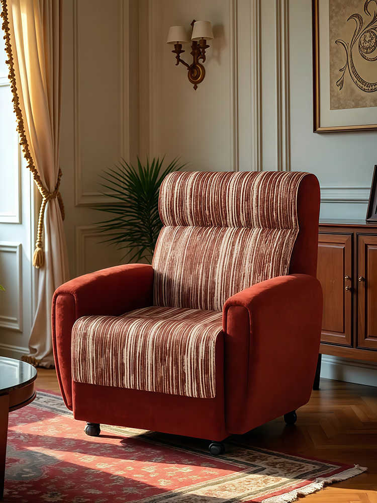 Vintage High-Back Rolling Chenille Lounge Chair – Retro Striped Accent Armchair, Lazy Single Recliner for Living Room & Bedroom