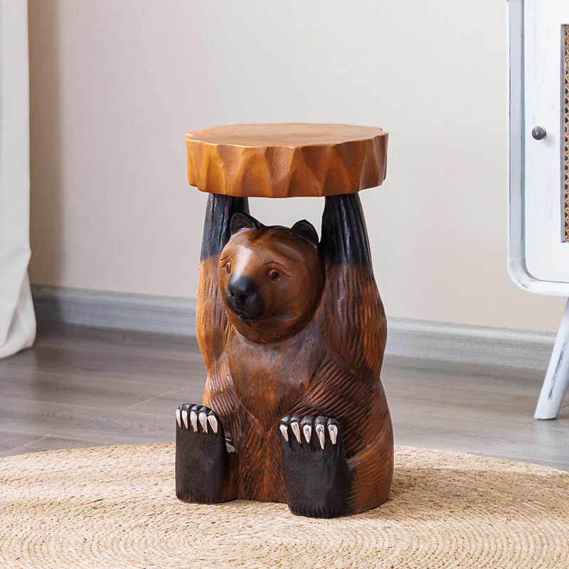 Hand-Carved Wooden Bear Stool with Tree Stump Base, Rustic Animal Accent Table for Entryway Shoe Change & Plant Stand,