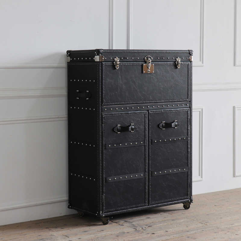 Vintage Industrial Steamer Trunk Bar Cabinet – American LOFT Style Leather-Wrapped Liquor Storage with Mirror Interior, Mobile Entertainment Console