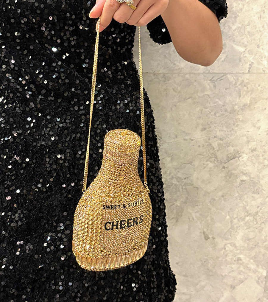 Crystal Champagne Bottle Clutch Bag – Luxury Rhinestone Evening Purse with Gold Chain, Novelty Party Handbag for Special Occasions