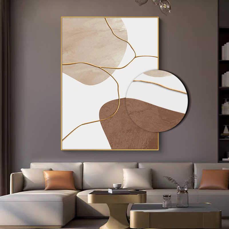 Minimalist Abstract Layered Textured Wall Art – Luxury Hand-Painted Oil Painting for Living Room & Headboard Feature, Gold Aluminum Frame