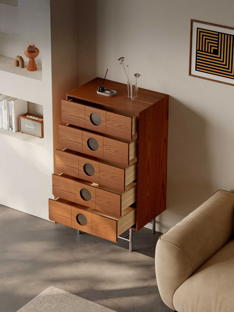 Five-Drawer Storage Cabinet, Mid-Century Modern TV Stand, Vintage Wall Cabinet for Small Spaces