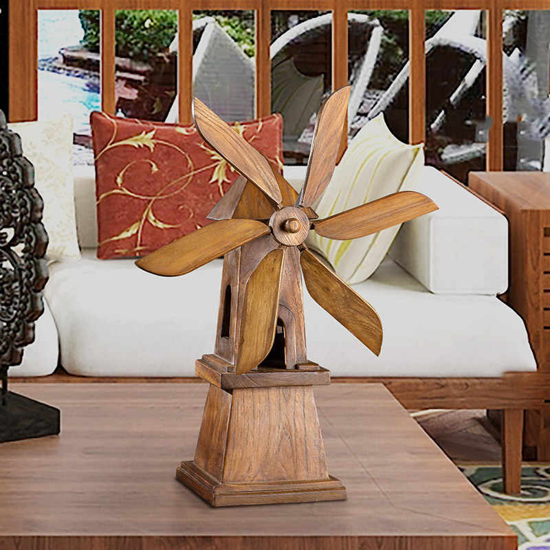Thai Handcrafted Wooden Windmill Desktop Sculpture, Traditional Wood Carving Home Decor for Living Room & TV Cabinet Display